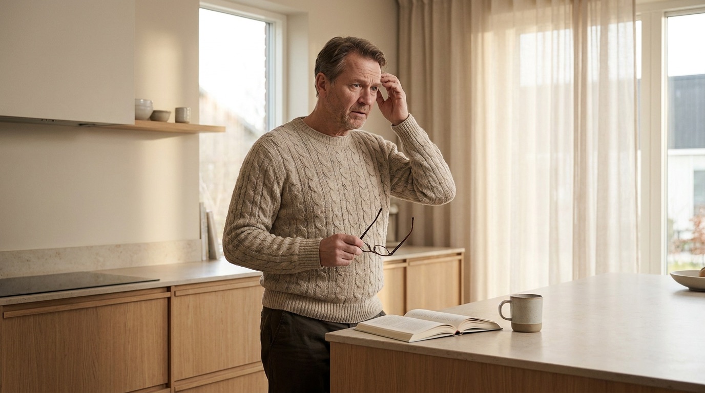 A man pauses in his kitchen, trying to remember why he walked in.