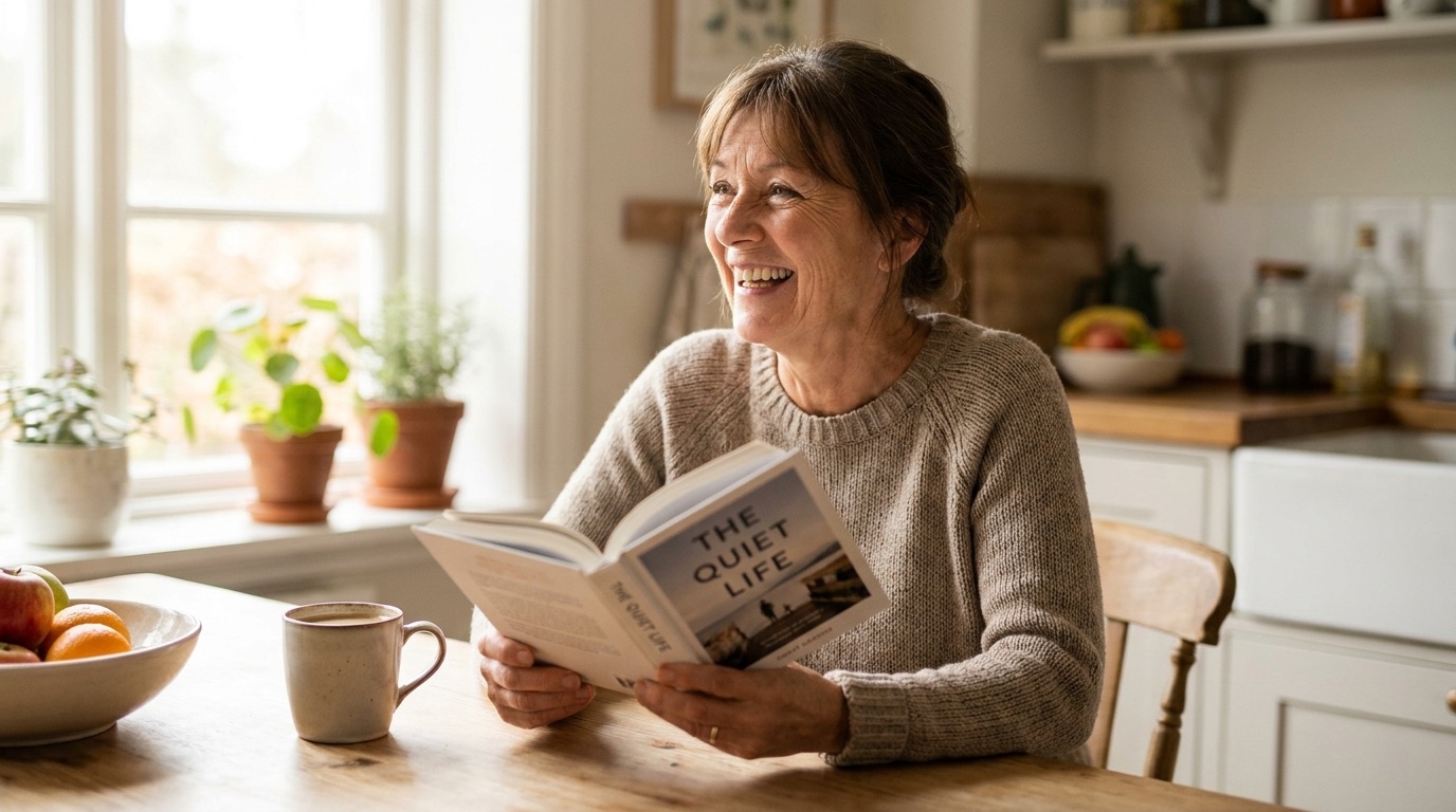 A woman reads at a sunlit table, clear-minded and content.