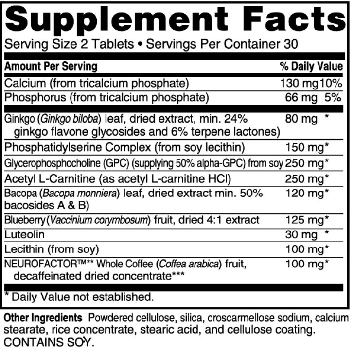 Advanced Memory Formula supplement facts label